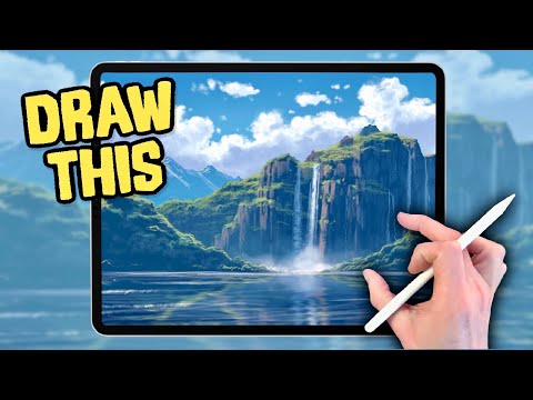 PROCREATE Landscape DRAWING Tutorial in Easy STEPS - Waterfall Lake