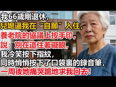 我66歲剛退休,兒媳逼我在“自願”入住,養老院的協議上按手印,說:別在這住著礙眼,我冷笑按下指紋,同時悄悄按下了口袋裏的錄音筆,一周後她痛哭跪地求我回去!