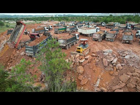 Staggering Mega Landfill Operations: Many Dumpers Unload Massive Rocks & Dozers Crush The Earth