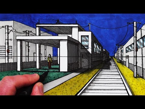 How to Draw a Modern House in 1-Point Perspective with Train Track