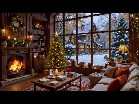 Quiet Jazz Piano Café ❄️ Snowy Street Outside & Warm Fireplace Ambience for Focus and Relax