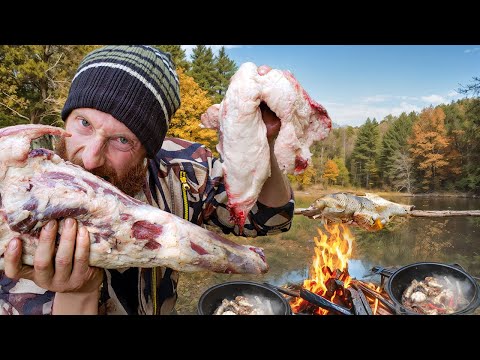8-Day Wilderness Living Survival Challenge (THE MOVIE - SEASON 4) Trap, Fish, Hunt,Caveman MeatEater