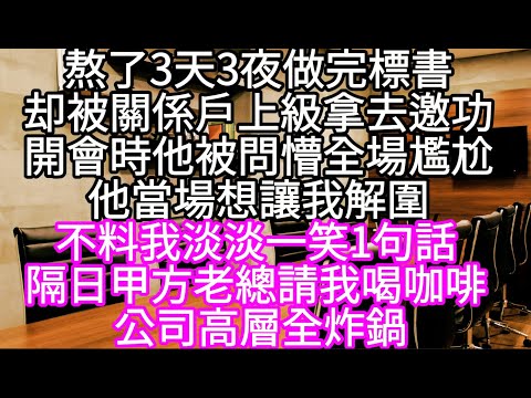 熬了3天3夜做完標書却被關係戶上級拿去邀功開會時他被問懵全場尷尬他轉頭想讓我幫忙解圍 不料我淡淡一笑1句話 隔日甲方老總請我喝咖啡 #心書時光 #為人處事 #生活經驗 #情感故事 #唯美频道 #爽文