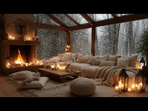 Cozy Forest Cabin at Night ❄️ Gentle Piano, Snowfall & Crackling Fireplace For Relaxing, Sleep