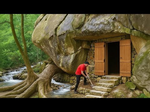 Survival Build Stone Cave House by the River | Living Under the Giant Rock in the Jungle