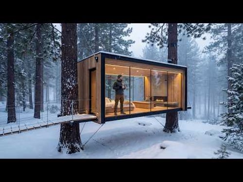 Building a Modern Glass Cabin in the Snow (ASMR) - Solo forest tiny house build from scratch