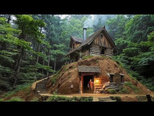 The Man Returns To Work At The Old Cabin In The Woods.