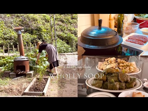 Korean housewife living in the mountain, making special cook with vegetables harvested from garden.