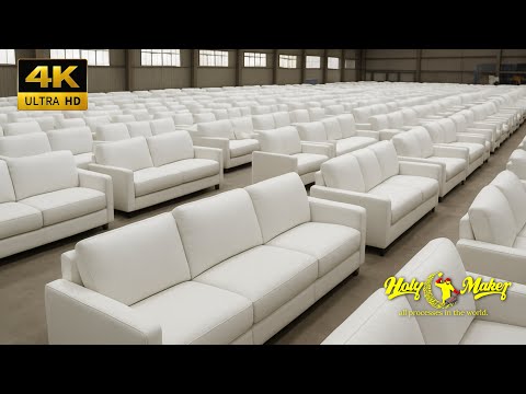The process of mass-producing sofas at a very fast pace. A Korean wood furniture factory.