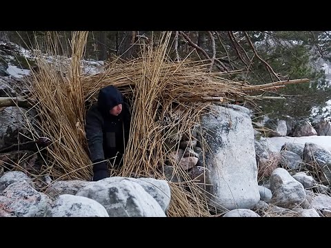 Alone on a Frozen Lake Building a Shelter from Branches Winter Bushcraft Survival