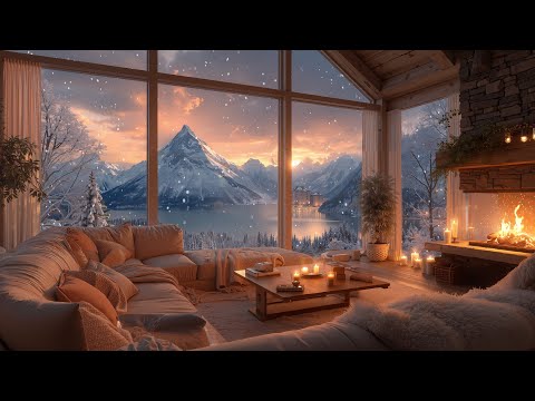 Peaceful January Afternoon by the Lake ❄️ Gentle Piano, Falling Snow & Fireplace for Relaxation