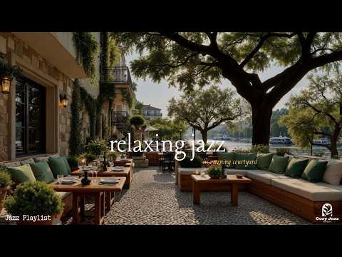Relaxing Jazz Outdoor Garden Cafe | Soft Daytime Ambience & Lakeside Jazz for Focus, Study in Spring