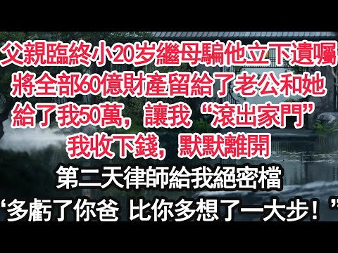 父親臨終前繼母騙他立下遺囑,將全部60億財產留給了他們給了我50萬,讓我“滾出家門”我收下錢,默默離開第二天律師給我絕密檔“多虧了你爸 比你多想了一大步!”【顧亞男】【大女主】【婚姻自主】