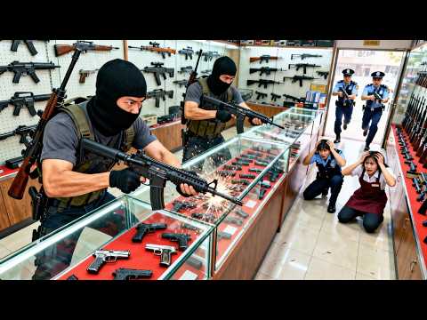 Action movie! Arrogant thugs drive their car into a gun shop!