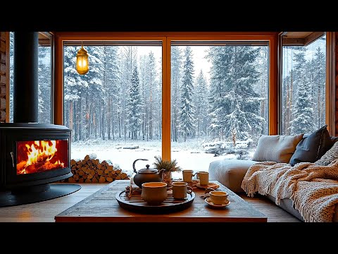 Snowfall at Cozy Winter Cabin Ambience ❄️ Slow Piano Music & Fireplace Sounds for Relaxation