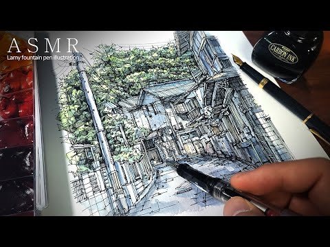 【ASMR】 만년필로 그림 그리는 소리 SOUND and DRAWING by a Lamy fountain pen / tranquil countryside. (No Talking)