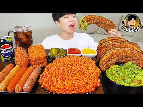 ASMR MUKBANG | Fire Noodles, Hot dog, pork belly, sausage recipe ! eating