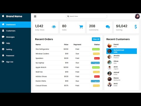 Responsive Admin Dashboard using Html CSS & Javascript | CSS Admin Template