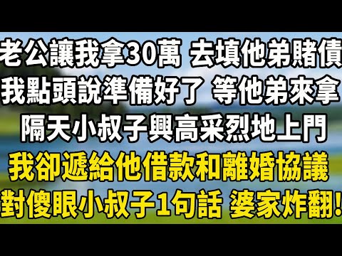 老公讓我拿30萬 去填他弟賭債,我點頭說準備好了 等他弟來拿,隔天小叔子興高采烈地上門,我卻遞給他借款和離婚協議、對傻眼小叔子1句話 婆家炸翻!#婆媳矛盾 #養老生活 #为人处世#感情