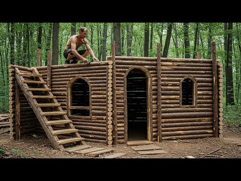 Building a Warm Log Cabin Alone in the Deep Forest in 30 Days
