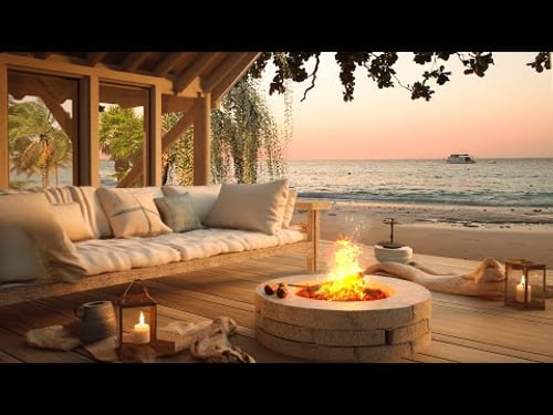 Tropical Beach Porch in Summer Ambience with Relaxing Sea Waves, Crickets & Fireplace Sounds
