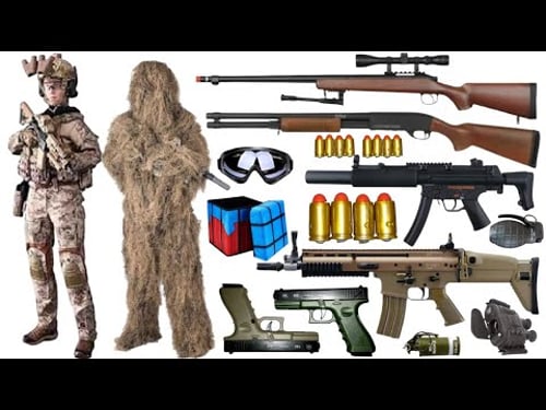 Special Forces military toy gun set unboxing, Kar98k sniper rifle, SCAR L automatic rifle, Glock Toy