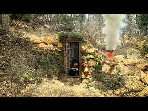Building a Cozy Stone Dugout for Survival | Warm Stove and Heated Bed