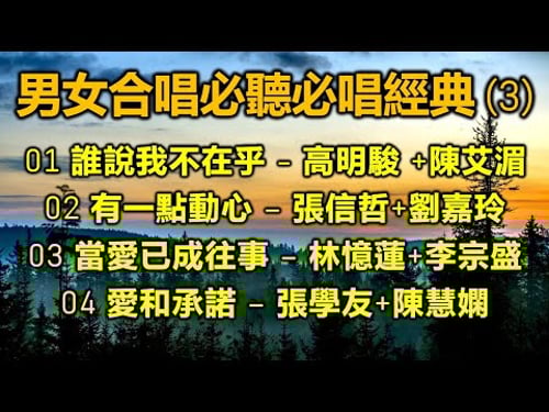 男女合唱必聽必唱經典 (3)(内附歌詞)01 誰說我不在乎 - 高明駿 +陳艾湄;02 有一點動心 – 張信哲+劉嘉玲;03 當愛已成往事 – 林憶蓮+李宗盛;04 愛和承諾 – 張學友+陳慧嫻