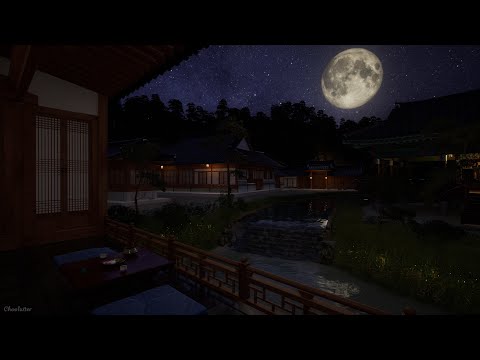Dreamlike, Peaceful Hanok Village Night | Water, Crickets, Owl Sounds
