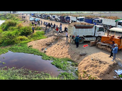 Latest job Processing Landfill Task! Dump Truck 5Ton & Dozer Pushing Soil into deep Lake, Mix VDO