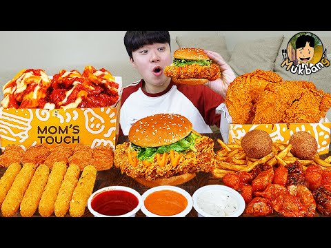 ASMR MUKBANG 맘스터치 양념 치킨먹방! 치즈 햄버거 치즈스틱 후라이드치킨 & 레시피 CRISPY FRIED CHICKEN CHEESE BURGER EATING SOUND!