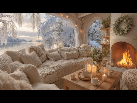 Cozy Winter Fall Cabin by the Lake ❆ Soft Piano and Crackling Fireplace Sounds for Sleep, Focus