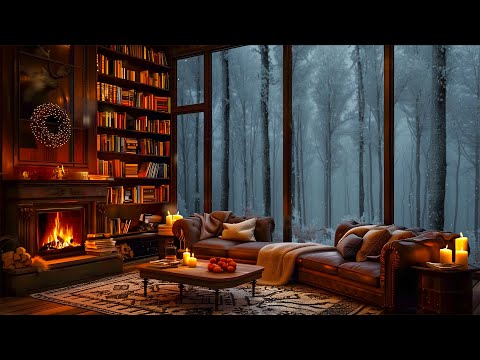 Warm Piano Jazz Music in Cozy Coffee Shop Ambience with Crackling Fireplace for Relax, Study, Work