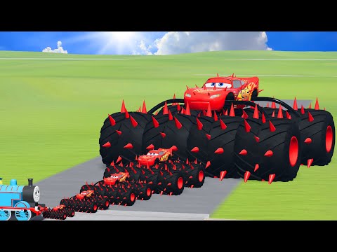 Big & Small McQueen Spider with Spiked Monster Wheels VS Train | BeamNG.drive