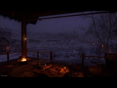 Medieval Winter Night Ambience with Snowstorm | Blizzard, Crackling Fire, Owl, Calming Nature Sounds
