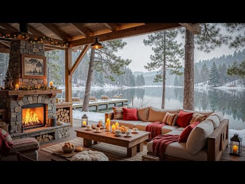 Winter Ambience, Cozy Wooden Porch by the Lake ❄ Soothing Jazz Piano for Study, Work and Relax