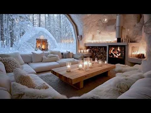 🪵❄️ Cozy Snow Piano Lounge Fireplace Ambience | White Floral Room for Deep Sleep & Healing