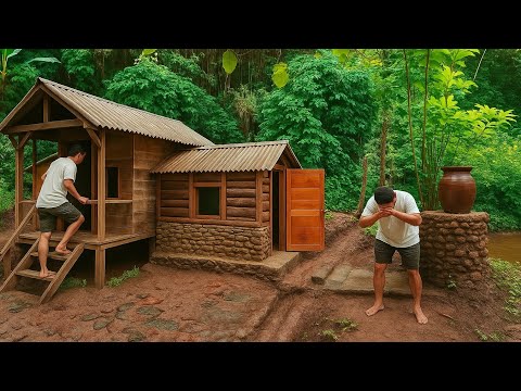 single guy, built a wooden house with a fish pond and vegetable garden