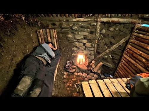 Bushcraft Stone Cabin Building by a Stream – Cozy Wilderness Shelter