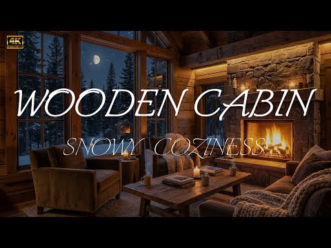 Cozy wooden cabin with windy snow in the forest and crackling fire ❄️ 4K ULTRA 60fps