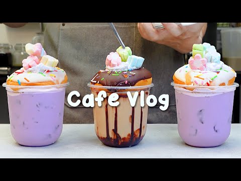 🍩도넛이 얹힌 라떼에 반할 만한 컬러💜지치고 힘들 땐 음료 ASMR로 힐링해요/카페브이로그/Cafe Vlog/ASMR/Tasty Coffee