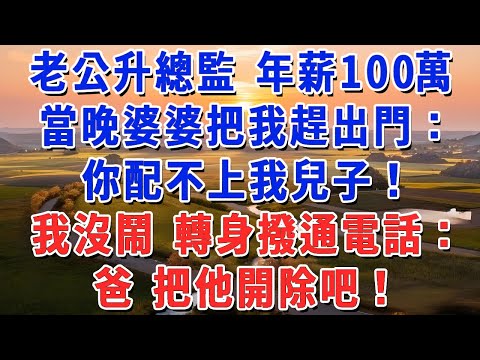 老公升總監 年薪100萬,當晚婆婆把我趕出門:你配不上我兒子!我沒鬧 轉身撥通電話:爸 把他開除吧!#妮妮故事會 #情感故事 #老年生活