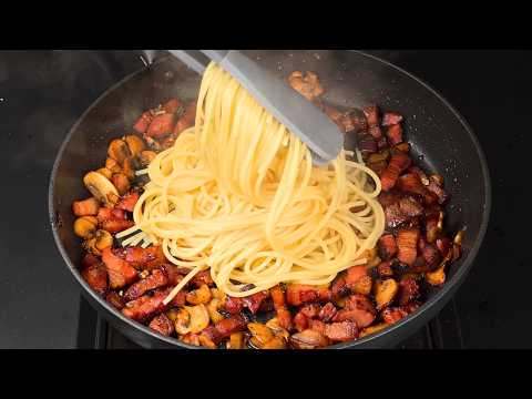 Spaghetti Carbonara with mushrooms. Mushroom paste.