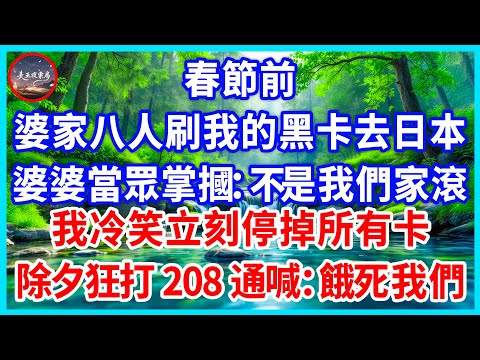 春節前,婆家八人刷我的黑卡去日本,婆婆當眾掌摑:不是我們家滾!我冷笑立刻停掉所有卡,除夕狂打208通嚎:想餓死我們?#為人處世 #生活經驗 #情感故事 #故事 #小說 #戀愛 #情感 #婚姻