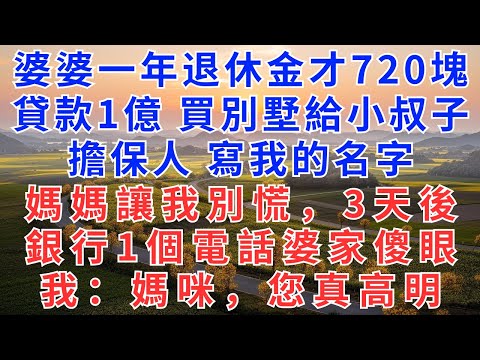 婆婆一年退休金才720塊,竟貸款1億買別墅給小叔子,擔保人寫我的名字,我崩潰我媽卻說:別慌,3天後銀行1個電話婆家傻眼,我:媽咪,您真高明!#為人處世#情感故事#故事頻道#小說#故事