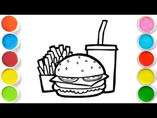 French Fries, Burger and Drink Drawing, Painting & Coloring For Kids and Toddlers_ Easy Art