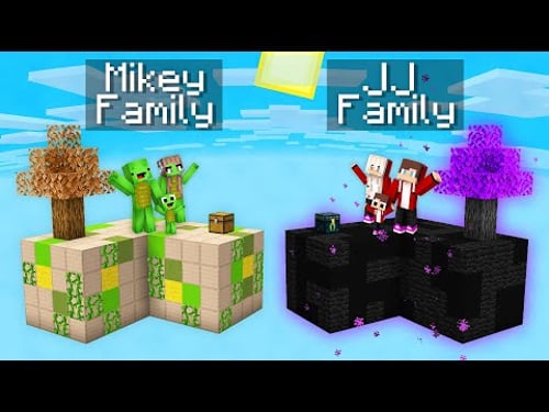 Mikey Family GOLEM vs JJ Family ENDERMAN SKYBLOCK in Minecraft (Maizen)