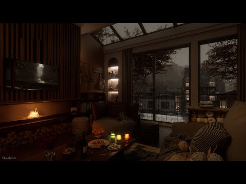 Cozy Living Room Ambience On A Rainy Autumn Day | Rain, Rain On Window, Crackling Fire Sounds