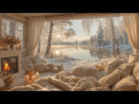 Cozy Porch Ambience by the Lake ❄️ Piano Music & Warm Fireplace for Deep Focus