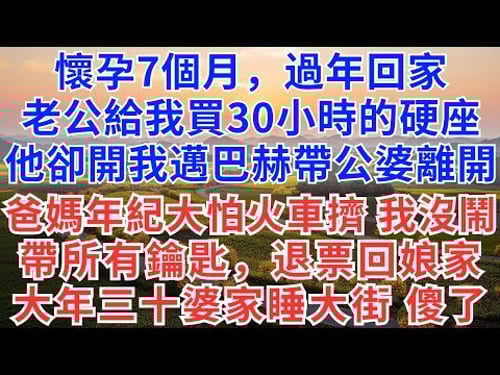懷孕7個月,過年回家,老公給我買30小時的硬座,他卻開我的邁巴赫帶公婆離開,爸媽年紀大怕擠火車,我沒鬧,帶上所有鑰匙,退票回娘家!大年三十婆家睡大街,傻眼了#為人處世#正能量#故事分享#生活經驗#情感
